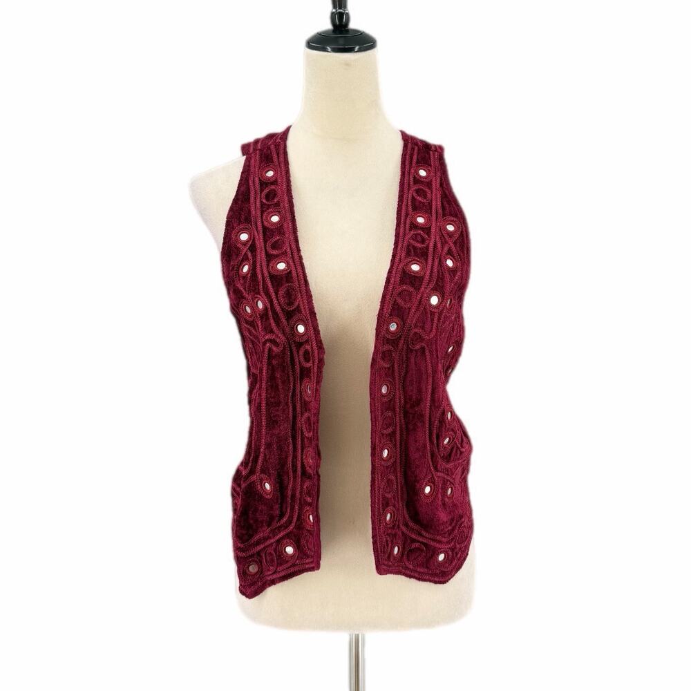 Chelsea & Violet Burgundy Red Velvet Embroidered Embellished Boho Hippie Vest